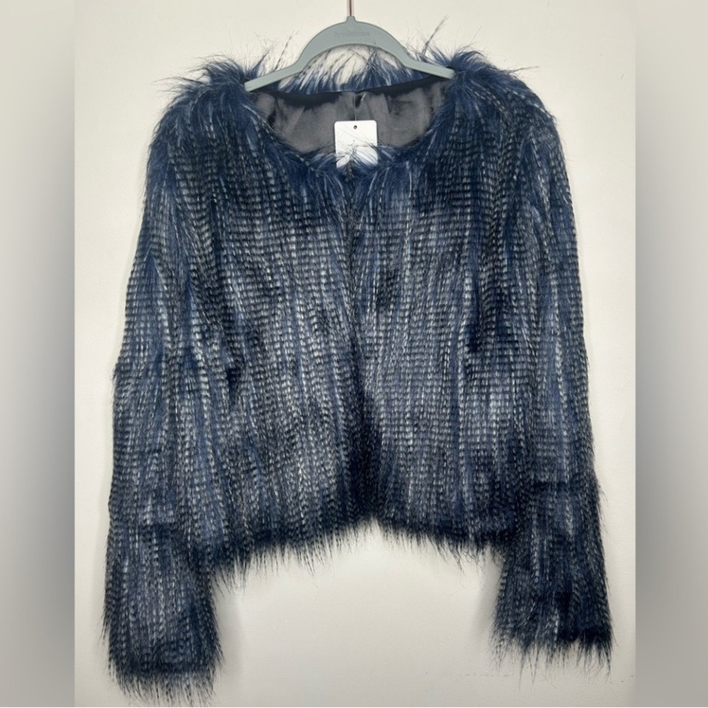 Stylish HOTTIE Faux Peacock Fur Jacket Blue Grey XL new with tags - Picture 2 of 4